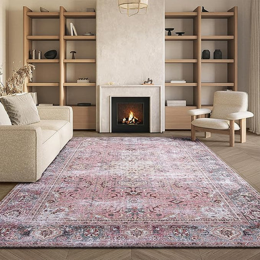 SAFAVIEH Washable Rug Tucson Collection - 8' x 10', Pink & Beige, Slip Resistant & Easy to Clean, Ideal for Living Room, Bedroom, Dining Space (TSN144U)