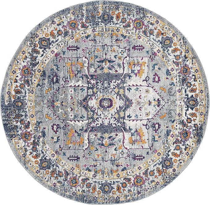 SAFAVIEH Evoke Collection 6'7" Round Grey / Navy EVK275G Oriental Medallion Distressed Non-Shedding Dining Room Entryway Foyer Living Room Bedroom Area Rug