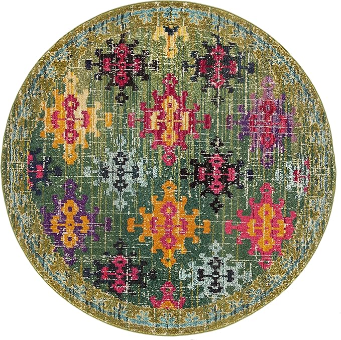 SAFAVIEH Monaco Collection Area Rug - 6'7" Round, Green & Multi, Boho Diamond Trellis Design, Non-Shedding & Easy Care, Ideal for High Traffic Areas in Living Room, Bedroom (MNC244G)