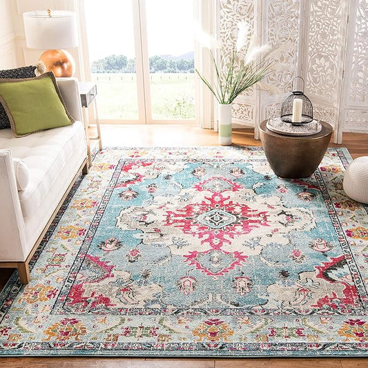 SAFAVIEH Monaco Collection Area Rug - 8' x 10', Light Blue & Fuchsia, Non-Shedding & Easy to Clean, Distressed Medallion Design, Ideal for Living Room, Bedroom, Dining Space (MNC243J)