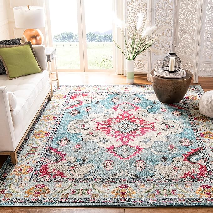 SAFAVIEH Monaco Collection Area Rug - 2'2" x 4', Light Blue & Fuchsia, Non-Shedding & Easy to Clean, Distressed Medallion Design, Ideal for Front Door, Kitchen, Entryway, Accent Space (MNC243J)