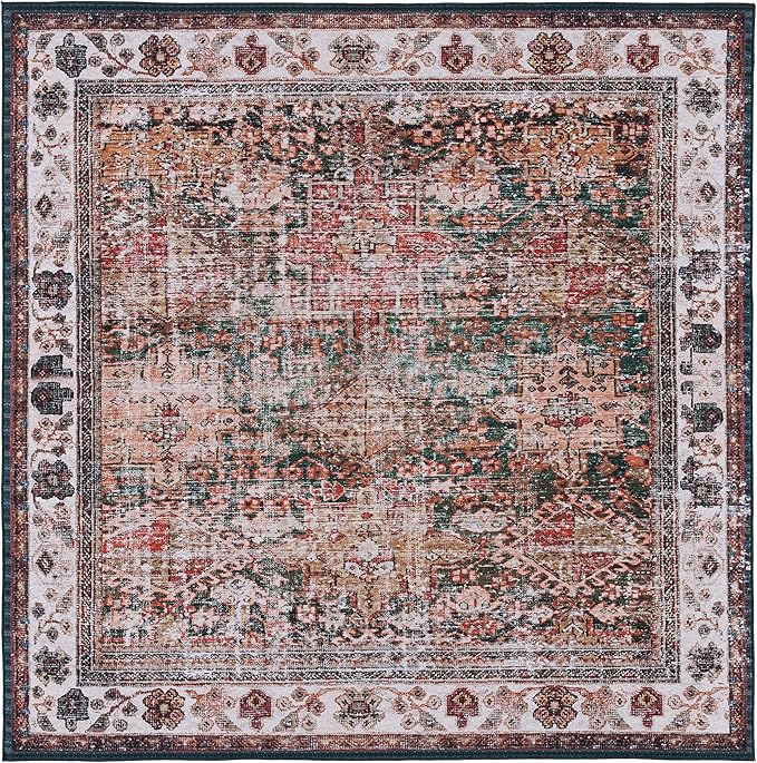 SAFAVIEH Washable Rug Tucson Collection - 4' Square, Ivory & Green, Slip Resistant & Easy to Clean, Ideal for Foyer, Kitchen, Nursery, Office, Bedroom (TSN114A)