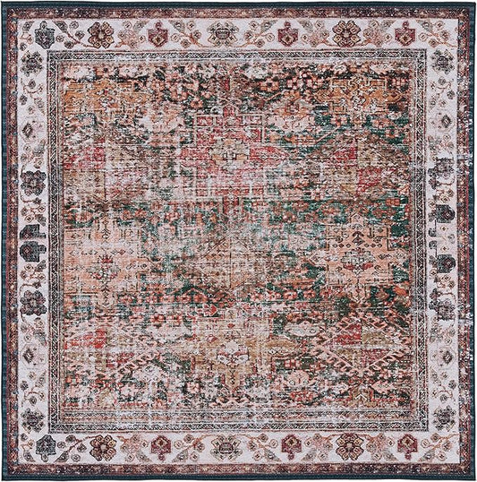 SAFAVIEH Washable Rug Tucson Collection - 4' Square, Ivory & Green, Slip Resistant & Easy to Clean, Ideal for Foyer, Kitchen, Nursery, Office, Bedroom (TSN114A)