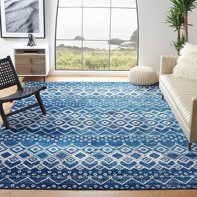 SAFAVIEH Amsterdam Collection 6'7" Square Navy / Beige AMS108N Moroccan Boho Non-Shedding Living Room Bedroom Area Rug