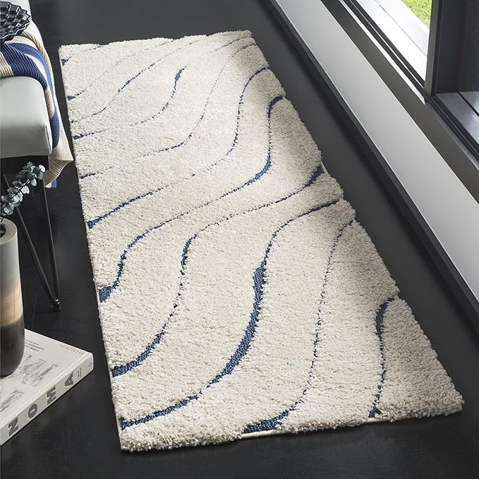 SAFAVIEH Florida Shag Collection Runner Rug - 2'3" x 7', Cream & Blue, Non-Shedding & Easy Care, 1.2-inch Thick Ideal for High Traffic Areas in Living Room, Bedroom (SG472-1165)