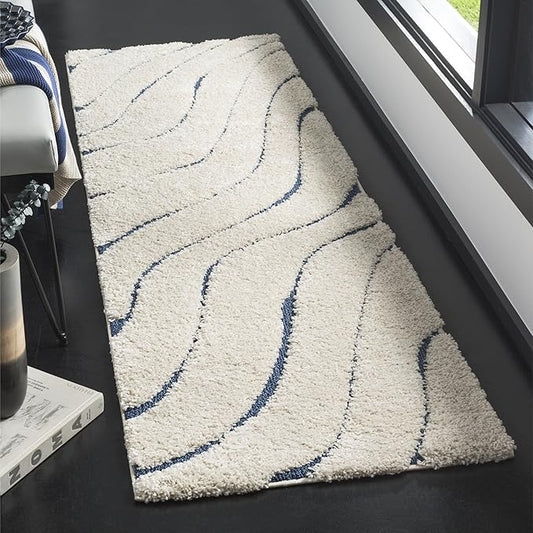 SAFAVIEH Florida Shag Collection Runner Rug - 2'3" x 7', Cream & Blue, Non-Shedding & Easy Care, 1.2-inch Thick Ideal for High Traffic Areas in Living Room, Bedroom (SG472-1165)