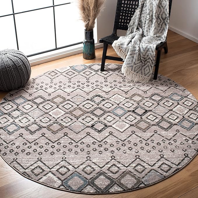 SAFAVIEH Amsterdam Collection 5'1" Round Light Grey / Brown AMS108F Moroccan Boho Non-Shedding Dining Room Entryway Foyer Living Room Bedroom Area Rug