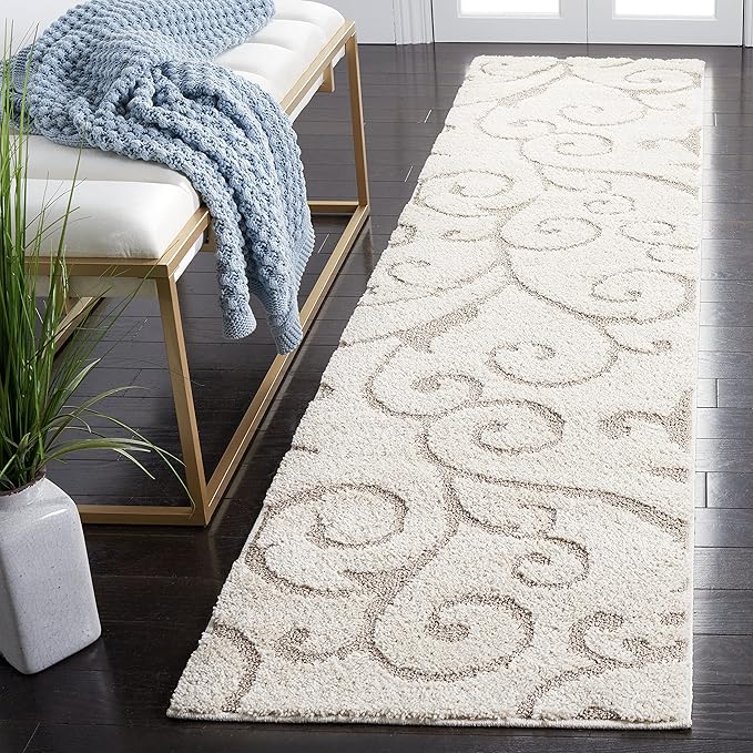 SAFAVIEH Florida Shag Collection Area Rug - 2'3" x 11' Runner, Ivory & Beige, Scroll Design, Non-Shedding & Easy to Clean, High-Low Plush Pile, Ideal for Bedroom, Foyer, Hallway (SG455-13LT)