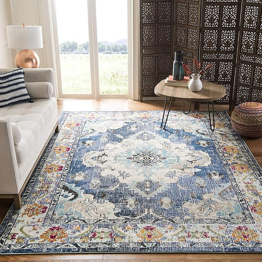 SAFAVIEH Monaco Collection Area Rug - 3' x 5', Navy & Light Blue, Non-Shedding & Easy to Clean, Distressed Medallion Design, Ideal for Living Room, Bedroom, Dining Space (MNC243N)