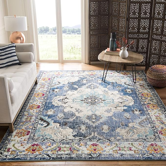 SAFAVIEH Monaco Collection Area Rug - 8' x 10', Navy & Light Blue, Non-Shedding & Easy to Clean, Distressed Medallion Design, Ideal for Living Room, Bedroom, Dining Space (MNC243N)