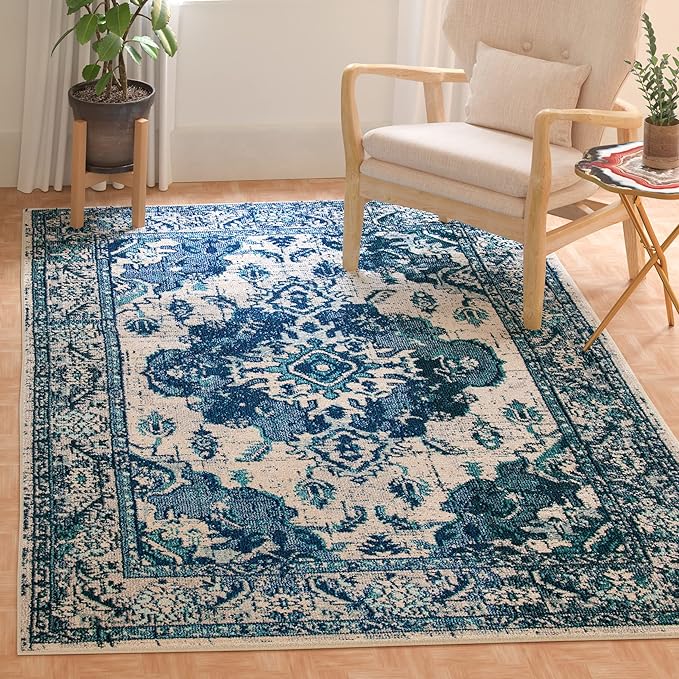 SAFAVIEH Monaco Collection Runner Rug - 2'2" x 12', Ivory & Blue, Non-Shedding & Easy to Clean, Distressed Medallion Design, Ideal for Hallway, Kitchen Foyer, Entryway (MNC243A)