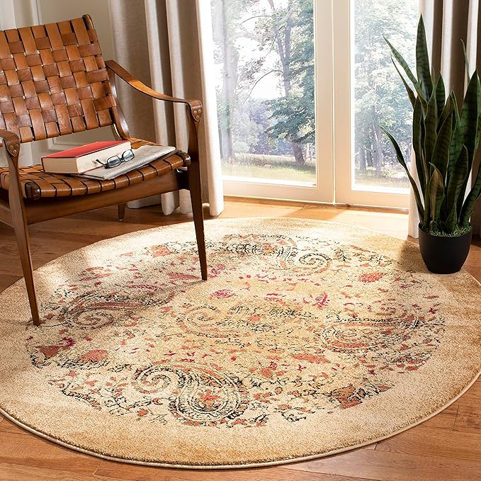 SAFAVIEH Lyndhurst Collection Area Rug - 10' Round, Beige & Multi, Traditional Paisley Design, Non-Shedding & Easy Care, Ideal for High Traffic Areas in Living Room, Bedroom (LNH224A)