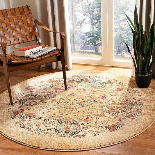 SAFAVIEH Lyndhurst Collection Area Rug - 10' Round, Beige & Multi, Traditional Paisley Design, Non-Shedding & Easy Care, Ideal for High Traffic Areas in Living Room, Bedroom (LNH224A)