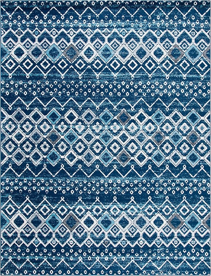 SAFAVIEH Amsterdam Collection Area Rug - 6'7" x 9'2", Navy & Beige, Moroccan Boho Design, Non-Shedding & Easy Care, Ideal for High Traffic Areas in Living Room, Bedroom (AMS108N)