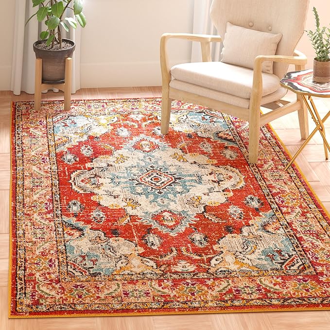 SAFAVIEH Monaco Collection Area Rug - 5'1" x 7'7", Orange & Light Blue, Non-Shedding & Easy to Clean, Distressed Medallion Design, Ideal for Living Room, Bedroom, Dining Space (MNC243H)