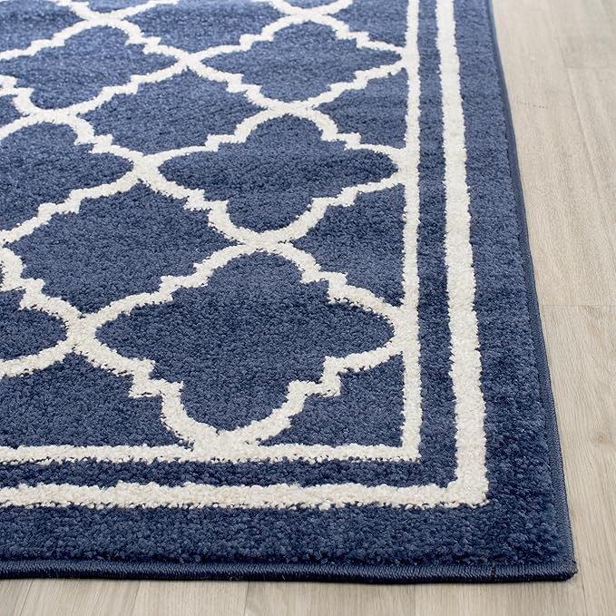 SAFAVIEH Amherst Collection Area Rug - 6' x 9', Navy & Beige, Moroccan Trellis Design, Non-Shedding & Easy Care, Ideal for High Traffic Areas in Living Room, Bedroom (AMT422P)