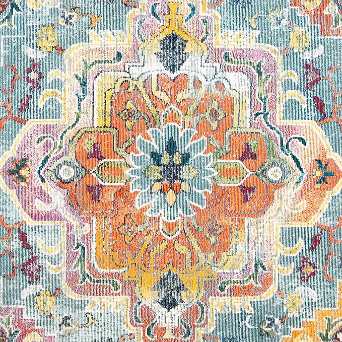 SAFAVIEH Crystal Collection Area Rug - 7' Round, Teal & Orange, Medallion Distressed Design, Non-Shedding & Easy Care, Ideal for High Traffic Areas in Living Room, Bedroom (CRS501J)