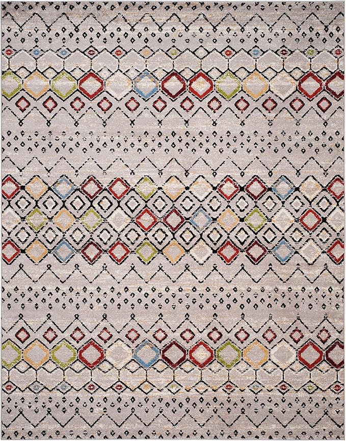 SAFAVIEH Amsterdam Collection Area Rug - 10' x 14', Light Grey & Multi, Moroccan Boho Design, Non-Shedding & Easy Care, Ideal for High Traffic Areas in Living Room, Bedroom (AMS108G)