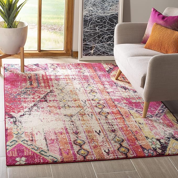 SAFAVIEH Monaco Collection Area Rug - 6'7" x 9'2", Magenta & Multi, Boho Chic Tribal Distressed Design, Non-Shedding & Easy Care, Ideal for High Traffic Areas in Living Room, Bedroom (MNC222D)