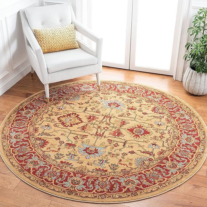 SAFAVIEH Mahal Collection Area Rug - 6'7" Round, Beige & Red, Traditional Oriental Design, Non-Shedding & Easy Care, Ideal for High Traffic Areas in Living Room, Bedroom (MAH693B)
