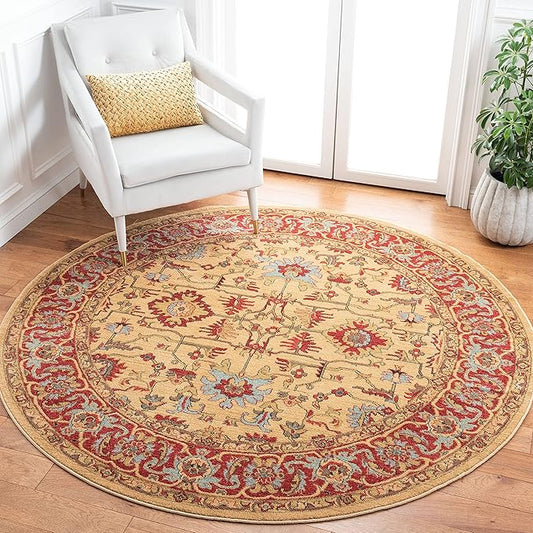 SAFAVIEH Mahal Collection Area Rug - 6'7" Round, Beige & Red, Traditional Oriental Design, Non-Shedding & Easy Care, Ideal for High Traffic Areas in Living Room, Bedroom (MAH693B)