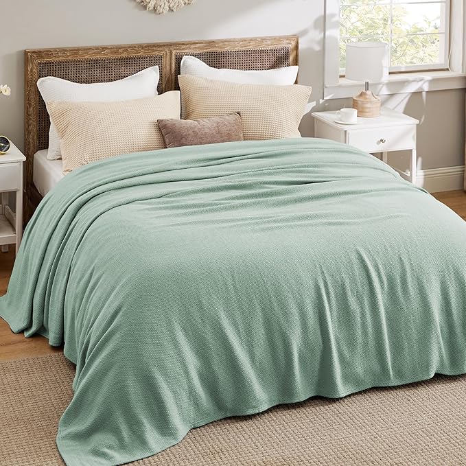 Bedsure GentleSoft 100% Cotton Blanket King Size for Bed - Breathable and Lightweight, Soft Cozy Textured Herringbone Woven Blanket for Summer Spring, Sage Green, 108x90 inches