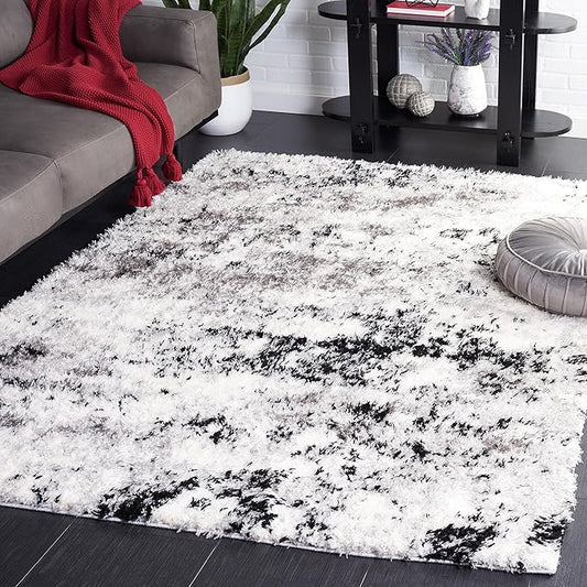 SAFAVIEH Lindsay Shag Collection Area Rug - 5'3" x 7'6", Grey & Black Ivory, Modern Design, 1.8-inch Thick, Ideal for High Traffic Area in Living Room, Bedroom, Dining (LNS556G-5)