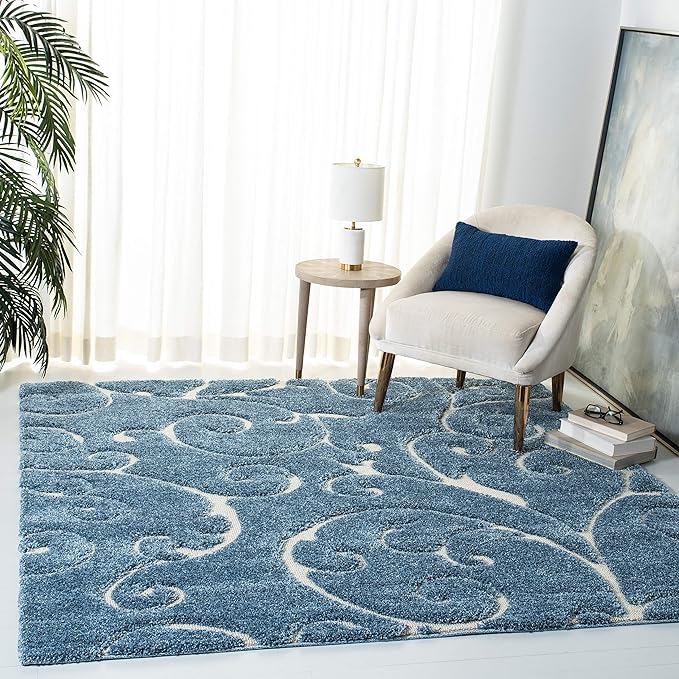 SAFAVIEH Florida Shag Collection Area Rug - 5' Square, Light Blue & Cream, Scroll Design, Non-Shedding & Easy to Clean, High-Low Plush Pile, Ideal for Living Room, Bedroom, Dining Space (SG455-6011)