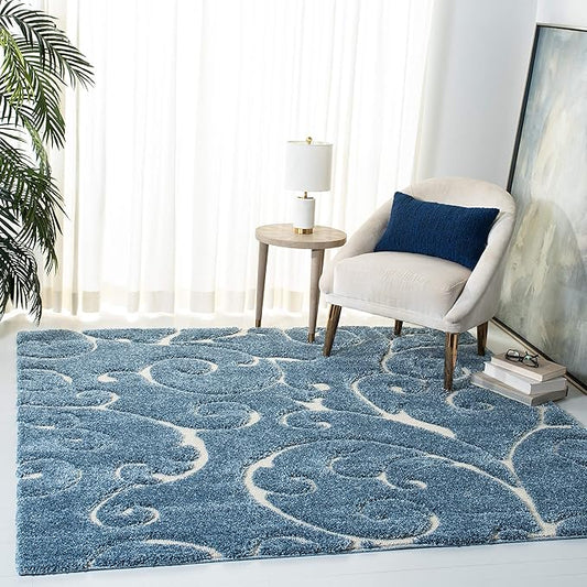 SAFAVIEH Florida Shag Collection Area Rug - 6'7" Square, Light Blue & Cream, Scroll Design, Non-Shedding & Easy to Clean, High-Low Plush Pile, Ideal for Living Room, Bedroom, Dining Space (SG455-6011)
