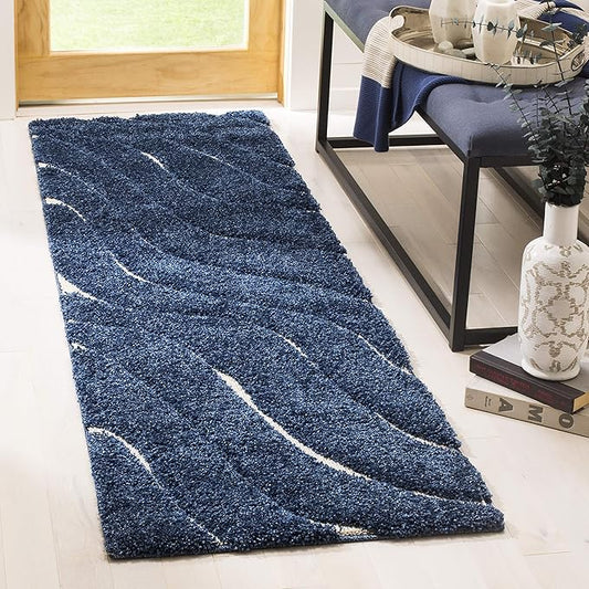 SAFAVIEH Florida Shag Collection Accent Rug - 2'3" x 4', Dark Blue & Cream, Non-Shedding & Easy Care, 1.2-inch Thick Ideal for High Traffic Areas in Entryway, Living Room, Bedroom (SG472-6511)