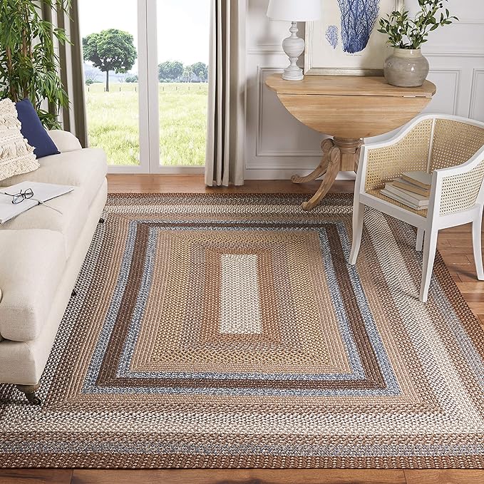 SAFAVIEH Washable Rug Outdoor Braided Collection - 8' Square, Brown & Multi, Handmade & Reversible, Non-Shedding & Easy to Clean, Ideal for Patio, Backyard, Mudroom (BRD313A)