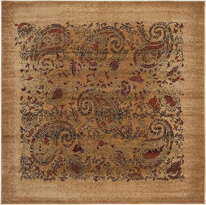SAFAVIEH Lyndhurst Collection Area Rug - 8' Square, Beige & Multi, Traditional Paisley Design, Non-Shedding & Easy Care, Ideal for High Traffic Areas in Living Room, Bedroom (LNH224A)