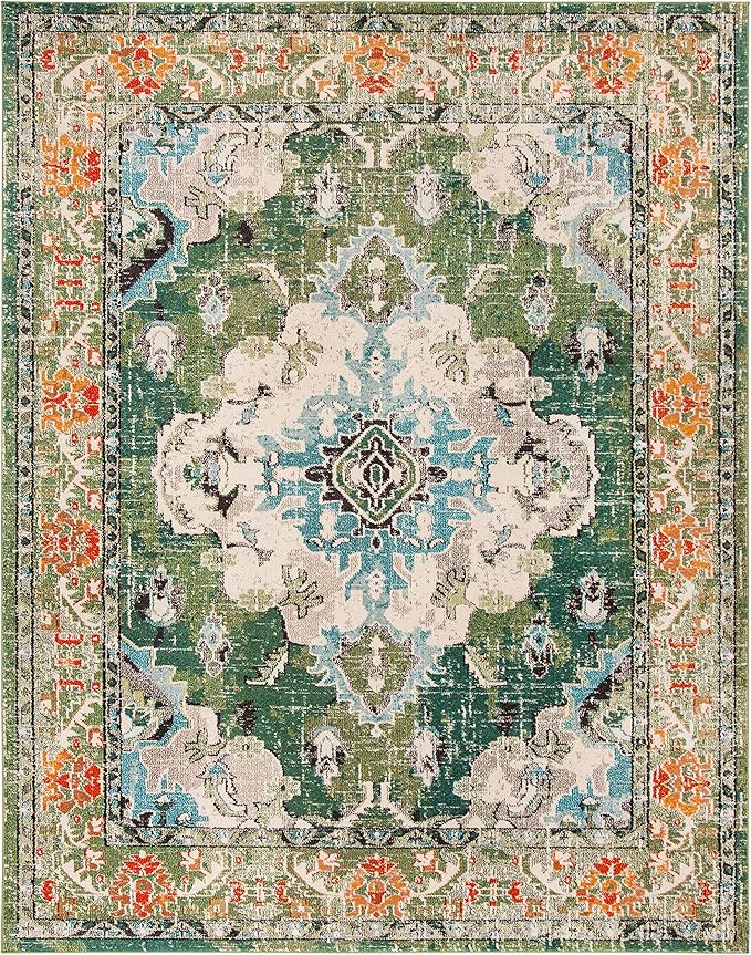 SAFAVIEH Monaco Collection Area Rug - 9' x 12', Forest Green & Light Blue, Non-Shedding & Easy to Clean, Distressed Medallion Design, Ideal for Living Room, Bedroom, Dining Space (MNC243F)