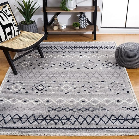 SAFAVIEH Marrakech Collection Area Rug - 6'7" Square, Grey & Navy, Moroccan Boho Tribal Rustic Design, Non-Shedding & Easy Care, Ideal for High Traffic Areas in Living Room, Bedroom (MRK612F)