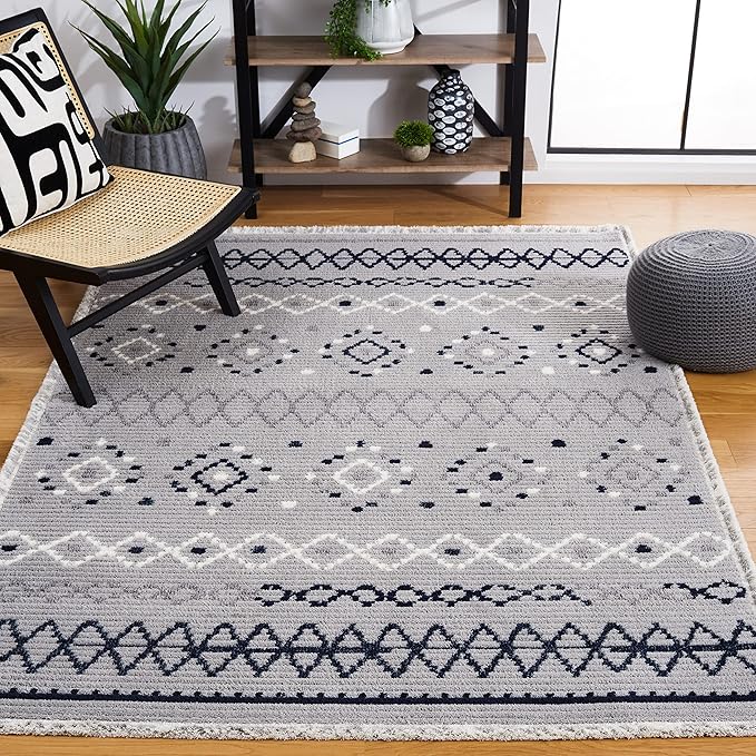 SAFAVIEH Marrakech Collection Area Rug - 5'3" x 7'6", Grey & Navy, Moroccan Boho Tribal Rustic Design, Non-Shedding & Easy Care, Ideal for High Traffic Areas in Living Room, Bedroom (MRK612F)