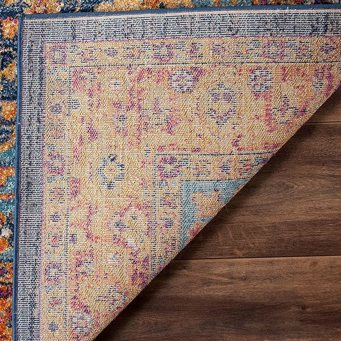 SAFAVIEH Evoke Collection Area Rug - 5'3" Square, Blue & Orange, Oriental Medallion Distressed Design, Non-Shedding & Easy Care, Ideal for High Traffic Areas in Living Room, Bedroom (EVK275C)