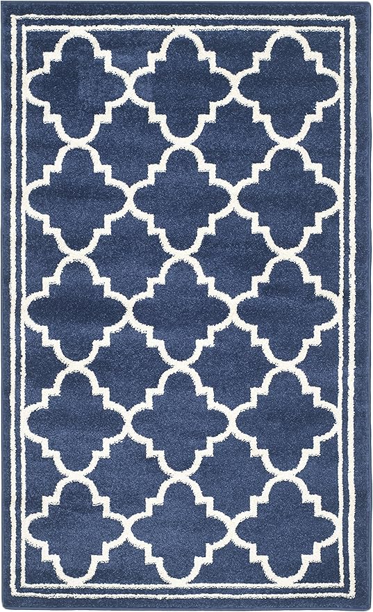 SAFAVIEH Amherst Collection Accent Rug - 3' x 5', Navy & Beige, Moroccan Trellis Design, Non-Shedding & Easy Care, Ideal for High Traffic Areas in Entryway, Living Room, Bedroom (AMT422P)