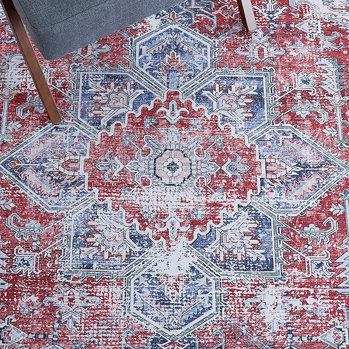 SAFAVIEH Washable Rug Tucson Collection - 6' Square, Red & Navy, Slip Resistant & Easy to Clean, Ideal for Living Room, Bedroom, Dining Space (TSN101S)
