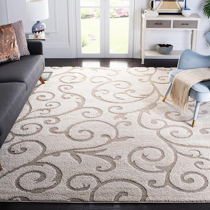 SAFAVIEH Florida Shag Collection Area Rug - 9' Square, Ivory & Beige, Scroll Design, Non-Shedding & Easy to Clean, High-Low Plush Pile, Ideal for Living Room, Bedroom, Dining Space (SG455-13LT)