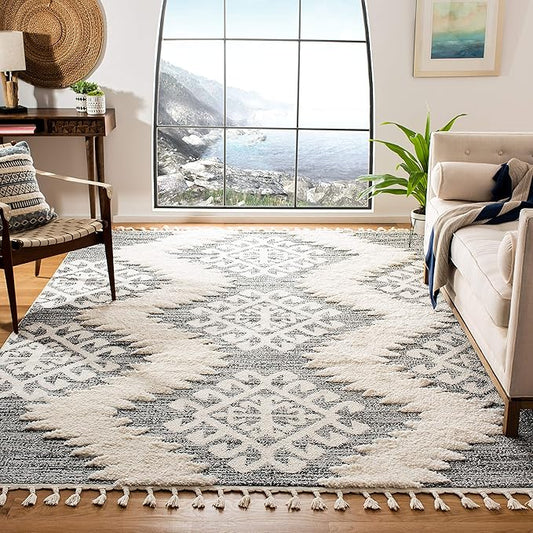 SAFAVIEH Moroccan Tassel Shag Collection Area Rug - 9' x 12', Ivory & Grey, Boho Design, Non-Shedding & Easy Care, 2-inch Thick Ideal for High Traffic Areas in Living Room, Bedroom (MTS652F)