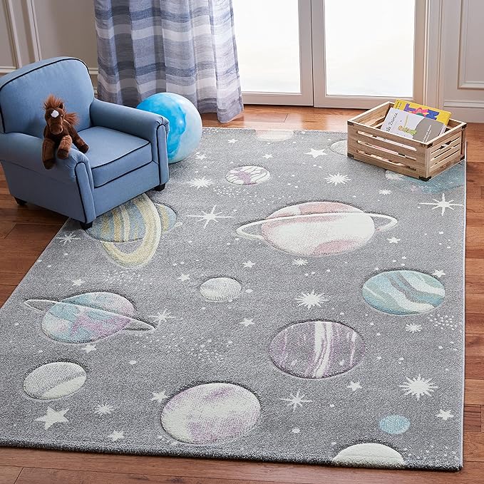 SAFAVIEH Area Rug 8x10 - Carousel Kids Collection - Large - Grey & Lavender, Non-Shedding & Easy Cleaning, Ideal for Boys & Girls in Playroom, Nursery, Bedroom (CRK103F)