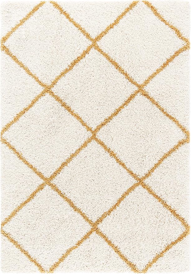 SAFAVIEH Hudson Shag Collection Area Rug - 5'3" x 7'6", Ivory & Gold, Modern Trellis Design, Non-Shedding & Easy Care, 2-inch Thick Ideal for High Traffic Areas in Living Room, Bedroom (SGH281E)