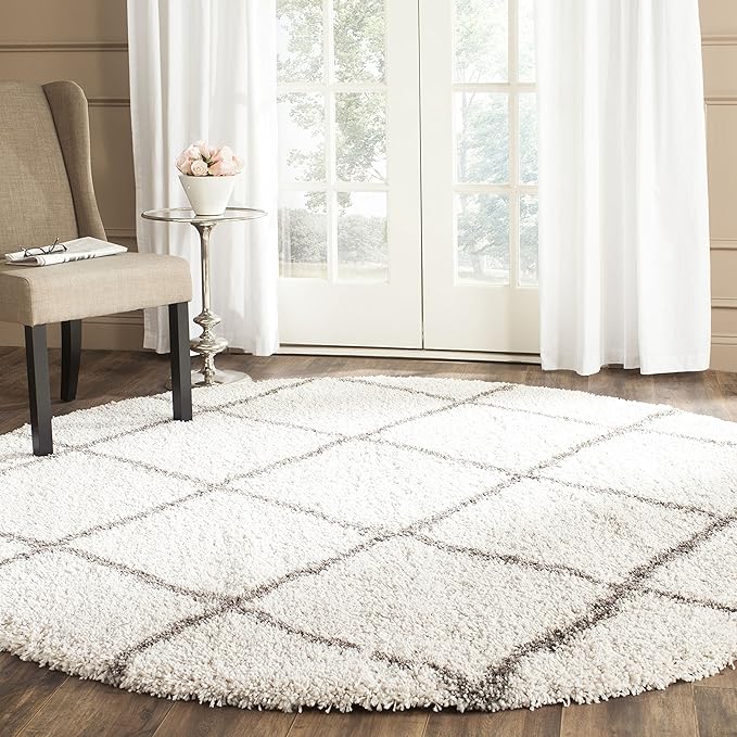 SAFAVIEH Hudson Shag Collection 3' Round Ivory/Grey SGH281A Modern Diamond Trellis Non-Shedding Living Room Bedroom Dining Room Entryway Plush 2-inch Thick Area Rug