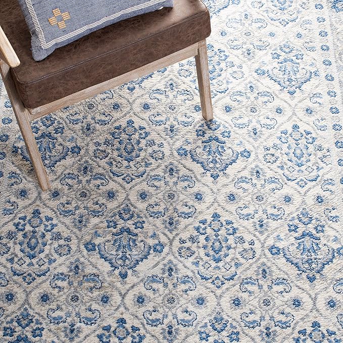 SAFAVIEH Brentwood Collection 4' x 6' Ivory/Blue BNT870A Oriental Damask Trellis Non-Shedding Living Room Bedroom Accent Rug