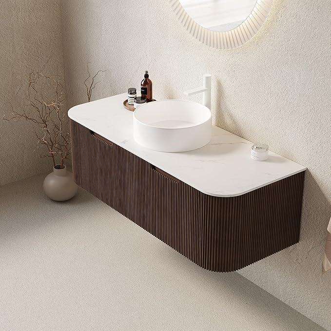KEIKI 48" Floating Bathroom Vanity with Sink, Modern Wall Vanity Cabinet with Curved Edge Design, 2 Soft-Close Drawers & White Ceramic Vessel Basin, Pre-Assembled Bathroom Vanity, Walnut