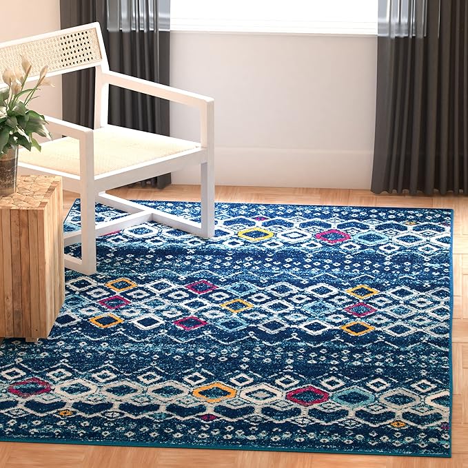 SAFAVIEH Amsterdam Collection Area Rug - 5'1" x 7'6", Navy & Turquoise, Moroccan Boho Design, Non-Shedding & Easy Care, Ideal for High Traffic Areas in Living Room, Bedroom (AMS108M)