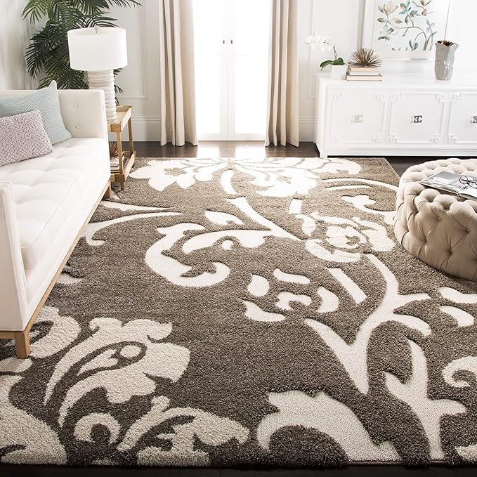 SAFAVIEH Florida Shag Collection Area Rug - 6'7" Square, Smoke & Beige, Floral Design, Non-Shedding & Easy Care, 1.2-inch Thick Ideal for High Traffic Areas in Living Room, Bedroom (SG458-7913)