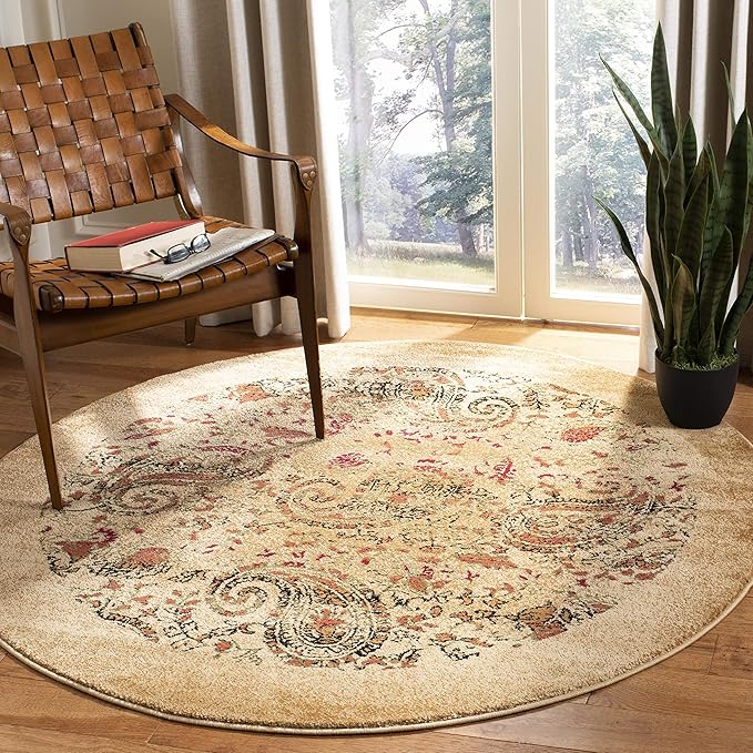 SAFAVIEH Lyndhurst Collection Area Rug - 5'3" Round, Beige & Multi, Traditional Paisley Design, Non-Shedding & Easy Care, Ideal for High Traffic Areas in Living Room, Bedroom (LNH224A)