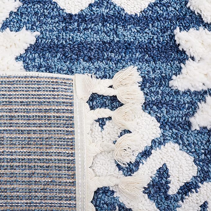 SAFAVIEH Moroccan Tassel Shag Collection Area Rug - 6'7" x 9'2", Blue & Ivory, Boho Design, Non-Shedding & Easy Care, 2-inch Thick Ideal for High Traffic Areas in Living Room, Bedroom (MTS652M)