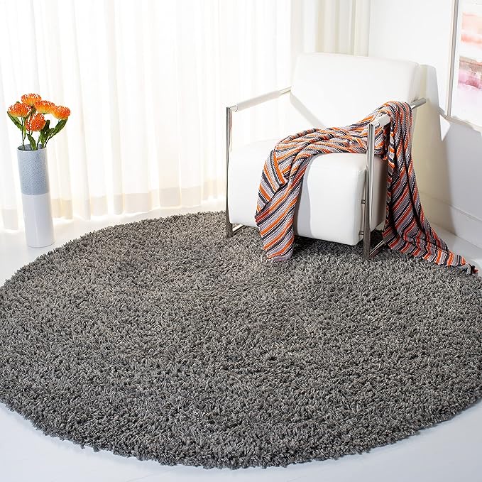 SAFAVIEH August Shag Collection Area Rug - 6'7" Round, Grey, Solid Design, Non-Shedding & Easy Care, 1.5-inch Thick Ideal for High Traffic Areas in Living Room, Bedroom (AUG200F)